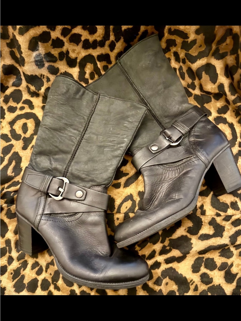 Carvela Black Leather Dual-Texture Harness Boots - Mid-Calf Heeled size 8.5 (39)